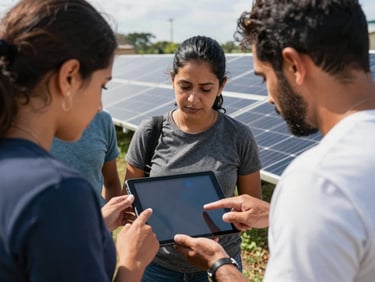 Local community members in Brazil collaborating over a digital tablet outdoors near solar panels, bright natural daylight, crisp focus