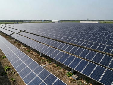 Aerial wide-angle shot of a multi-megawatt ground-mount solar farm, rows of photovoltaic panels receding into the distance under flat overcast daylight, a collector substation visible at the far end, no people, scale-defining infrastructure visible