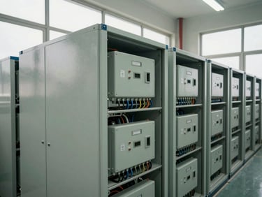 Close-up wide-angle shot inside a battery energy storage system room, rows of BESS cabinet stacks with visible termination panels and cable management, overcast natural light from high industrial windows, no people, operational precision evident