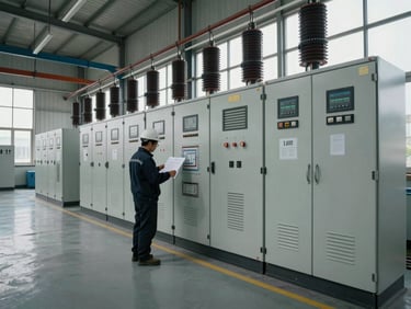 Wide-angle interior of an active industrial electrical room, large switchgear and distribution panels installed along the wall, conduit runs overhead, a single worker in hard hat and PPE reviewing a wiring diagram at panel level, overcast natural light from high windows
