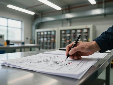 Close-up of electrical engineers reviewing utility interconnection drawings spread across a steel worktable inside an industrial electrical room, overhead fluorescent lighting, conduit runs visible in the background, natural light from a high window