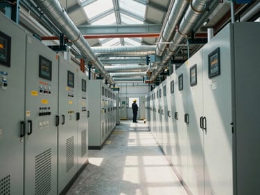 Wide-angle interior shot of an active industrial electrical room during integration work, switchgear panels and bus duct runs visible, natural daylight from clerestory windows, one worker in hard hat in background for scale only, operational infrastructure emphasis