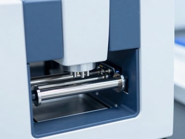Clinical laboratory photography, bright high-key sterile white light, a modern automated peptide synthesizer with stainless steel lines, sharp macro focus, 50mm