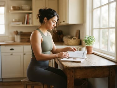 Sophia Vega in athletic wear sitting in a warm sunlit kitchen space, adjusting a training notebook on a wooden table, soft natural window light, 35mm