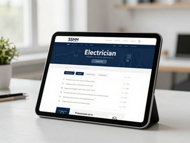 A tablet displaying a professional electrician website with clear service listings, bright daylight, modern workspace