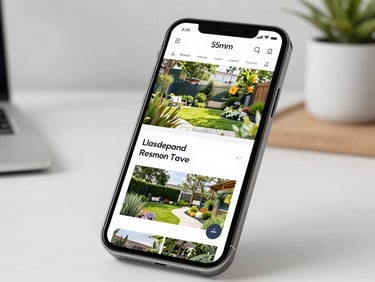 A smartphone displaying a modern landscaping website, clean layout showing garden designs, bright natural light