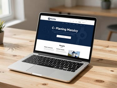 A clean laptop displaying a modern plumbing company website on a bright wooden workspace, natural daylight, crisp navy tones