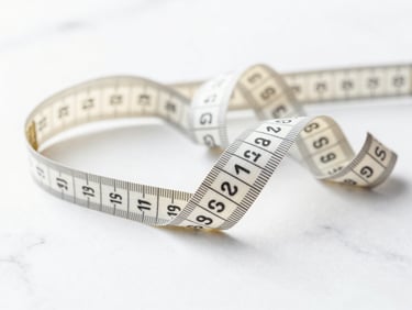 Bright high-key clinical photography, soft natural daylight, a clean steel measuring tape resting on a white marble surface, crisp details.