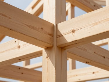 Clean sharp detail of heavy timber framing joints, structural wood beams meeting precisely, bright daylight, realistic wood textures
