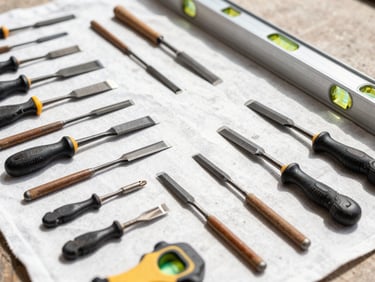 Close-up of a clean tool layout on a protective canvas drop cloth, organized chisels and levels, high contrast lighting