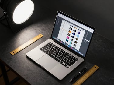 Overhead flat lay of a dark studio desk showing open Figma component library on a laptop screen, gold ruler and pen beside it, studio strobe top-down, matte surface detail