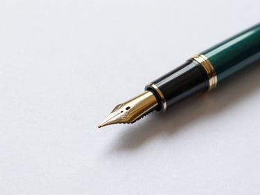 Macro detail of a high-end fountain pen resting on a clean white document with gold embossed seal, soft shadows.
