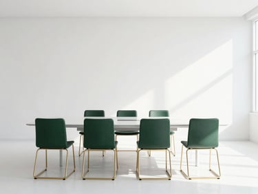Minimalist editorial photograph of a secure federal boardroom, bright natural daylight, clean white walls, empty modern chairs.
