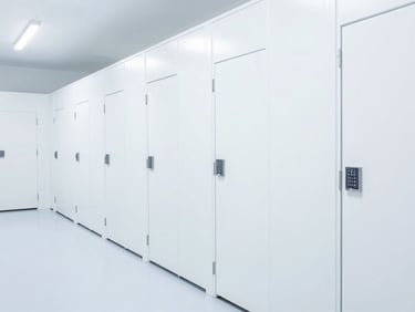 Bright high-key interior photography of a wide, clean, brightly lit storage facility corridor with pristine white doors and security keypads, sharp focus, architectural lens.