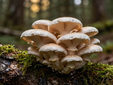 Close-up of oyster mushrooms growing on a damp moss-covered log in a deep forest, soft overcast light, rich textures of bark and mycelium