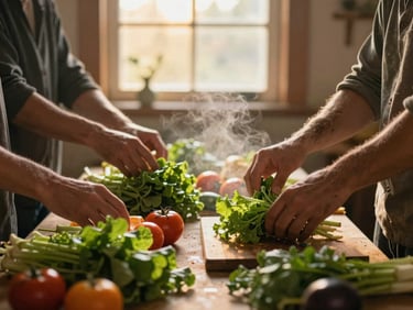 Close-up of diverse hands preparing fresh vegetables in a warm, rustic community kitchen, steam rising, soft golden-hour window light.