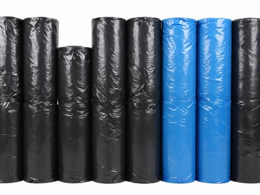 Rolls of thick black and blue garbage bags stacked neatly in an organized facility environment, straight-on shot