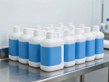 Uniform blue and white disinfectant containers arranged neatly on a sterile stainless steel counter, bright clinical lighting