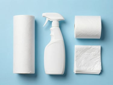 Crisp flat-lay of professional cleaning bottles, white paper rolls, and folded garbage bags on a clean slate-blue background, bright studio lighting.