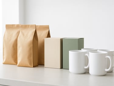 Organized arrangement of coffee bags, tea boxes, and clean white ceramic mugs on a neutral office counter, bright natural light.