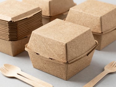 Neat stack of brown kraft paper meal boxes and eco-friendly wooden cutlery on a light gray surface, bright studio lighting.
