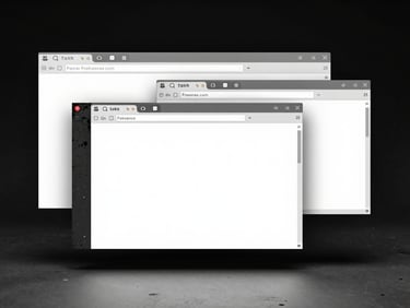Stark brutalist screenshot of a physics-based web UI with floating, overlapping windows and raw browser borders under flat scanner-bed light.
