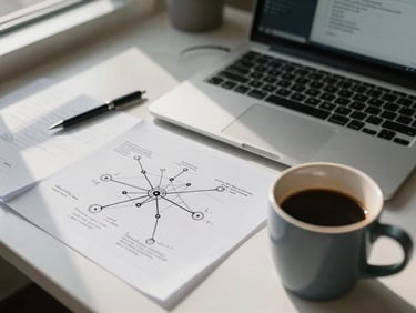 Overhead close-up of a cluttered IT planning desk — handwritten network diagrams on graph paper, a half-drunk coffee mug, a laptop showing a terminal window, natural window light casting soft shadows across the scene