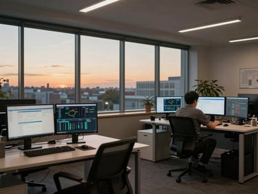 Wide environmental shot of a quiet open-plan office at dusk, monitors glowing with dashboard charts, a single technician reviewing logs at a standing desk, ambient golden-hour light through large windows