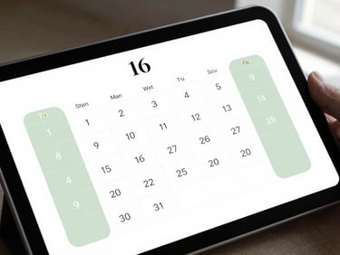 A clean, high-contrast UI mockup on a tablet screen showing an elegant calendar grid with soft green and gold accents, natural window light.