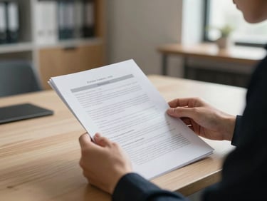 Medium shot of a person reviewing printed documents in a calm, well-lit architectural workspace, indirect natural light.