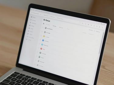 A close-up of a minimalist software dashboard on a laptop screen, displaying clean typography and structured data lists, set on a light oak desk.