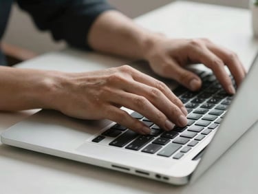 Close-up of hands resting on a brushed metal laptop keyboard, soft natural light, clean minimal desk environment.
