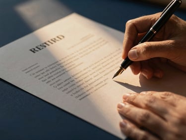 Close-up of hands signing a real estate contract on textured paper, elegant fountain pen, warm golden-hour light, deep navy tones, 35mm photography