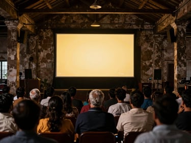 Candid capture of an audience absorbed in the golden glow of a projector screen in a dark, historic Kochi warehouse