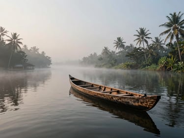 A high-contrast cinematic wide shot of a misty Kerala backwater at dawn, a single wooden canoe cutting through the still water