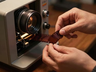 Chiaroscuro close-up of hands carefully threading a 35mm film strip into a vintage projector, warm ambient glow, 2.39:1 aspect ratio.