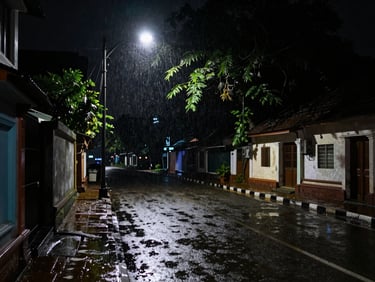 High-contrast close-up of a rain-slicked street in Fort Kochi at night, illuminated by a single streetlamp, 2.39:1 aspect ratio.