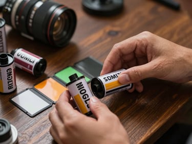 Close-up of hands organizing physical film canisters and contact sheets on a dark wooden table, warm side lighting