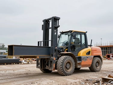 Rough-terrain forklift carrying steel beams on an active construction site, wide angle showing site scale, overcast natural light