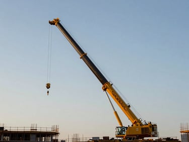 Lattice boom crane at full extension on an urban construction site, photographed from ground level looking up, golden hour side lighting