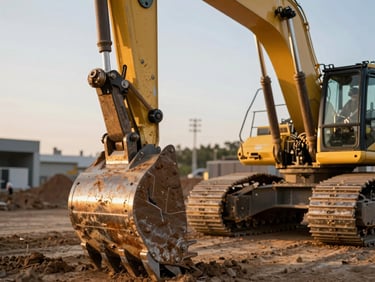 Close-up detail of heavy equipment hydraulic arm and bucket teeth on a construction site, natural golden hour light raking across the steel surfaces, dried mud and wear marks on the bucket, operator cabin visible in background out of focus
