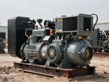 Industrial diesel generator on a job site, heavy-duty casing, dust on the ground, natural overcast daylight