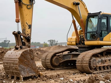 Close-up of a tracked excavator hydraulic arm and bucket on a muddy construction site, natural overcast daylight, foreground soil and gravel detail