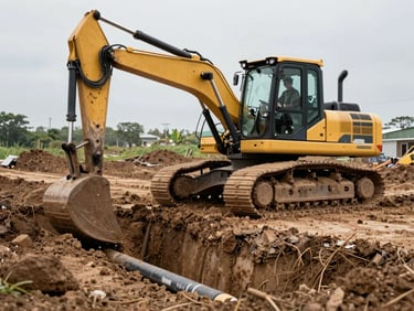 Backhoe loader mid-dig on a utility trench site, operator cab visible, muddy ground and exposed pipe trench in foreground, natural site light