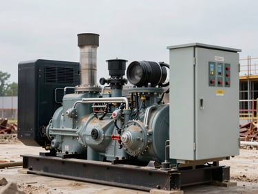 Industrial diesel generator unit on a construction site pad, close-up of control panel and exhaust stack, overcast daylight, dust on housing