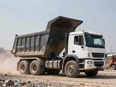 Heavy dump truck parked on a gravel construction site, bed raised mid-dump, dust cloud in background, natural daylight wide shot