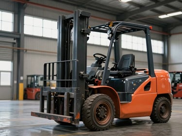 Orange forklift operating inside a large warehouse or industrial facility, load raised, natural ambient light through high windows
