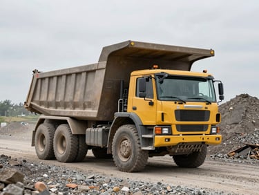 Articulated dump truck hauling aggregate on a gravel site road, wide shot showing loaded bed and site terrain, overcast daylight