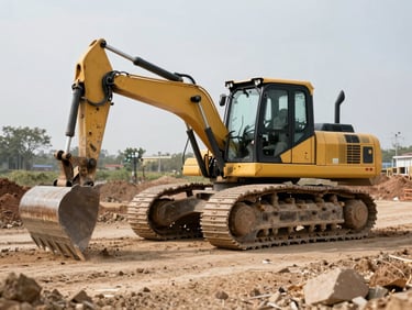 Backhoe loader on a dirt road at a construction site, bucket lowered, natural daylight, mid-distance framing showing full machine