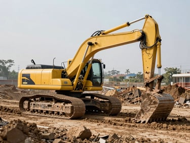 Yellow excavator working on a muddy construction site, operator cabin visible, natural daylight, wide environmental framing